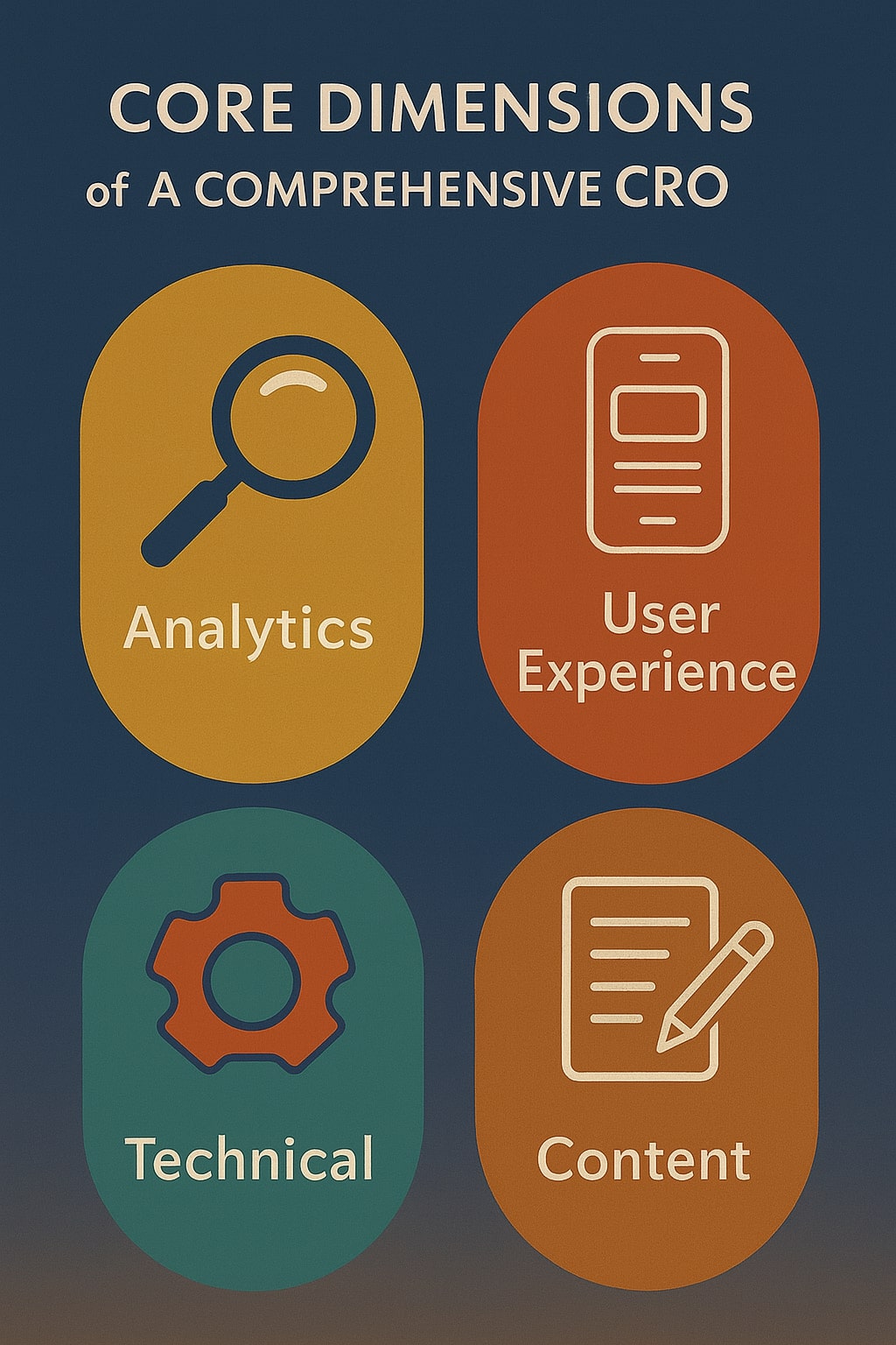 Infographic showing core dimensions of a CRO audit, including UX, analytics, technical, and messaging evaluation.