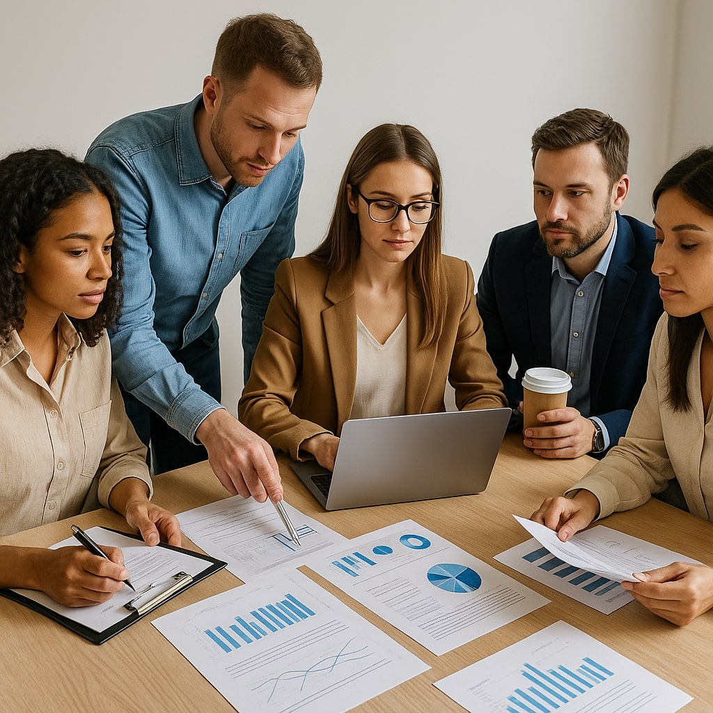 Cross-functional team preparing for a CRO audit with documents, charts, and digital tools in a collaborative workspace.