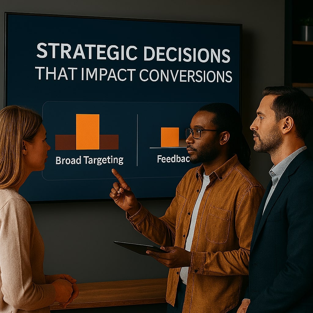 Three professionals analyzing a screen displaying strategic decisions and conversion graphs in a modern office.