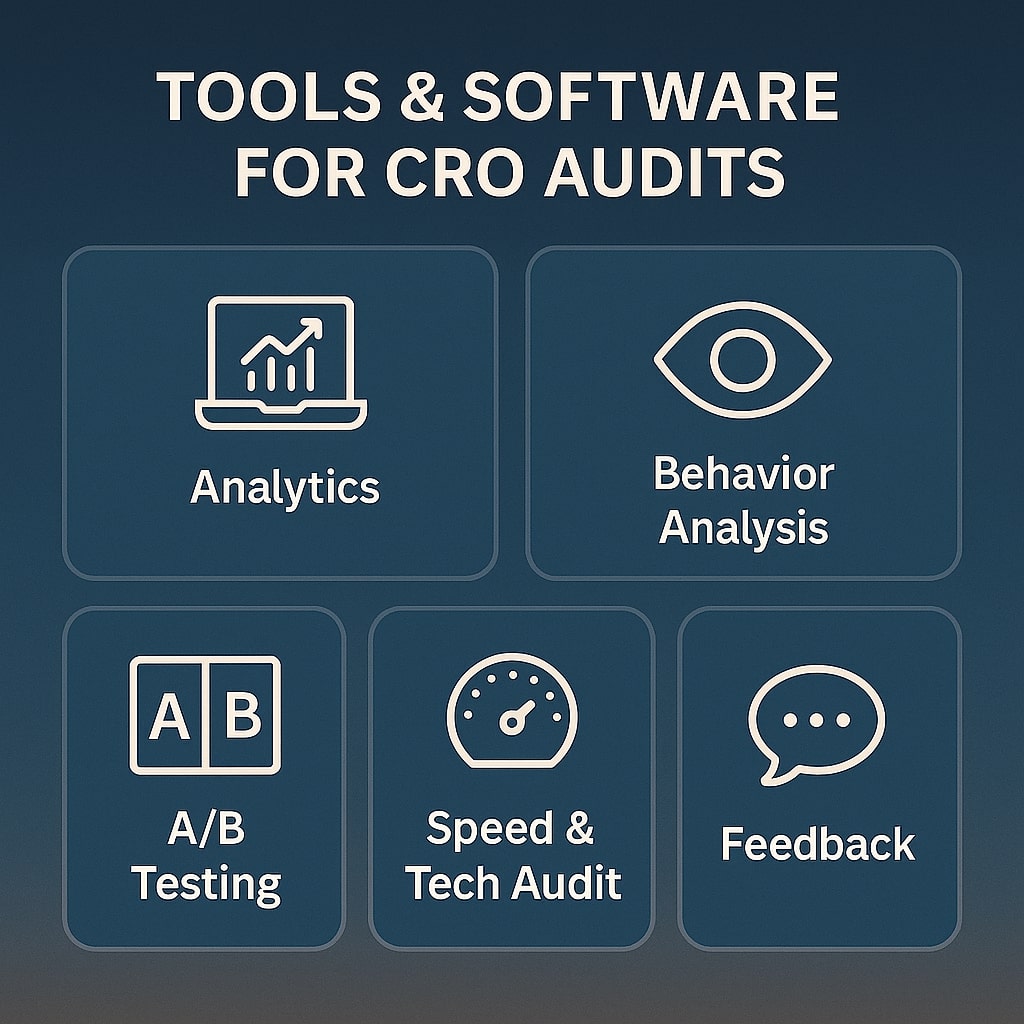 Infographic showing five core software categories used in CRO audits: Analytics, Behavior Analysis, Speed; Tech Audit, A/B Testing, and Feedback.
