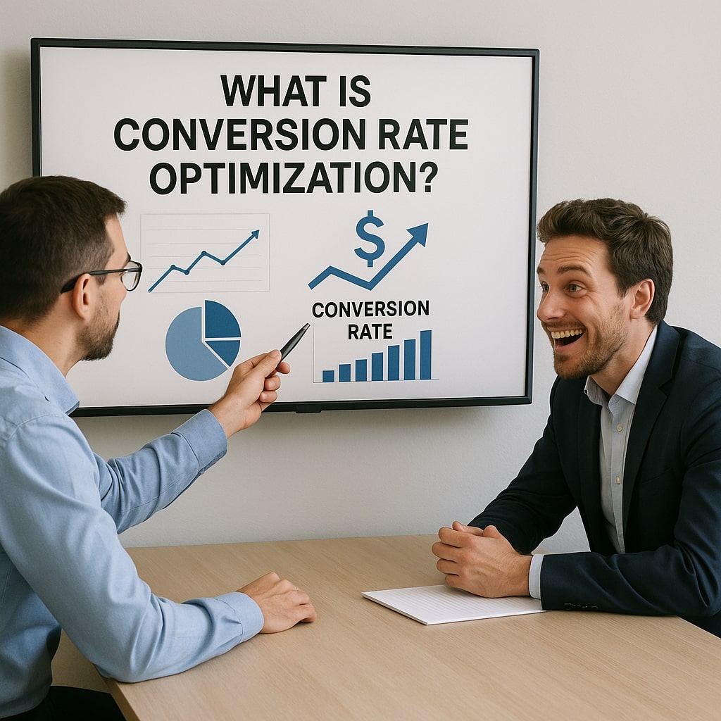 Conversion rate optimization expert showing dashboard to excited business owner in meeting